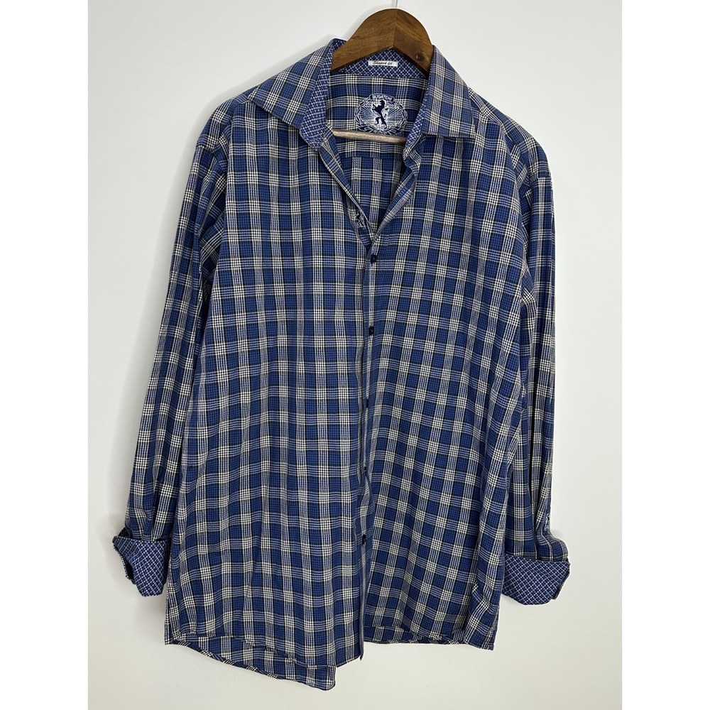 Bugatchi Shaped Fit Plaid Button Down Shirt Blue White Men's Size Large Cotton - Picture 10 of 10
